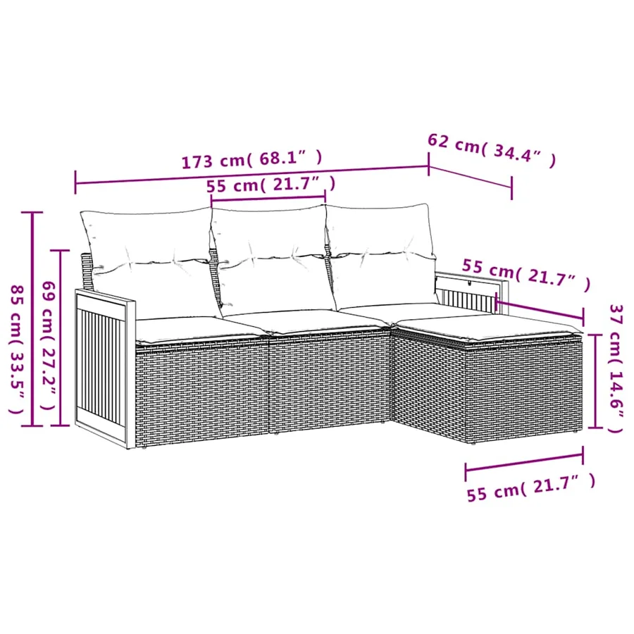 Salon de jardin 4 pcs avec coussins noir résine tressée - 7