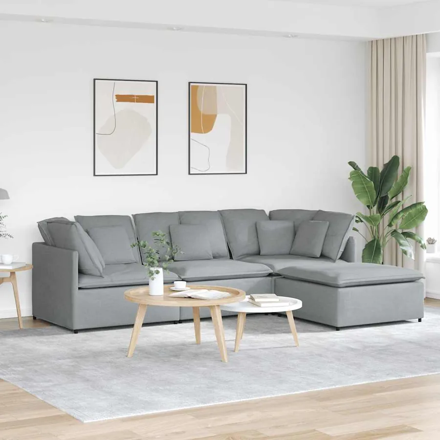 Canapé modulable avec repose-pieds et coussins en tissu gris clair