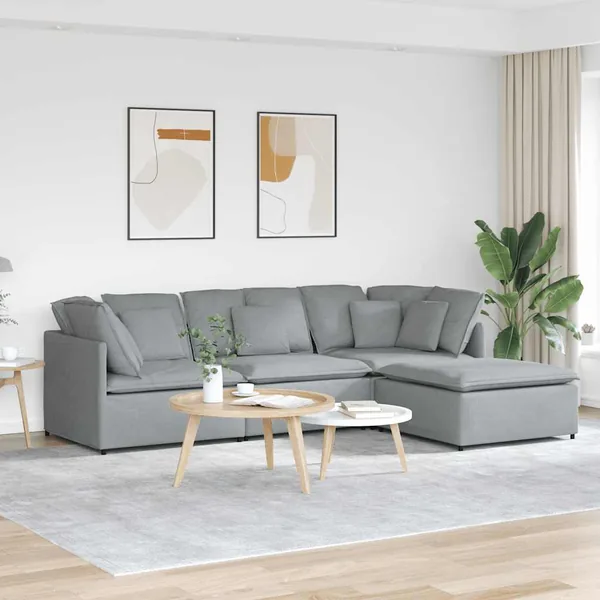 Canapé modulable avec repose-pieds et coussins en tissu gris clair