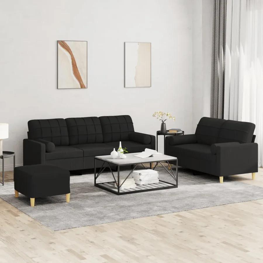 Ensemble de canapés 3 pcs avec coussins noir tissu
