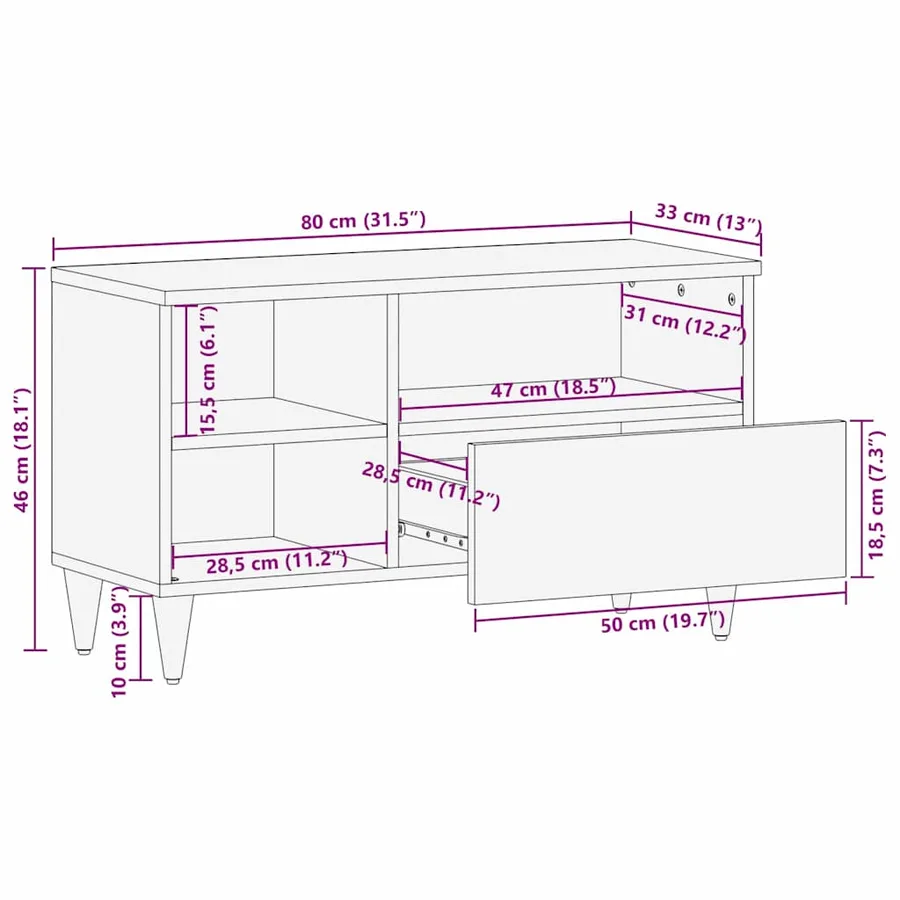Meuble TV Marron miel 80 x 33 x 46 cm Bois de mangue massif - 12