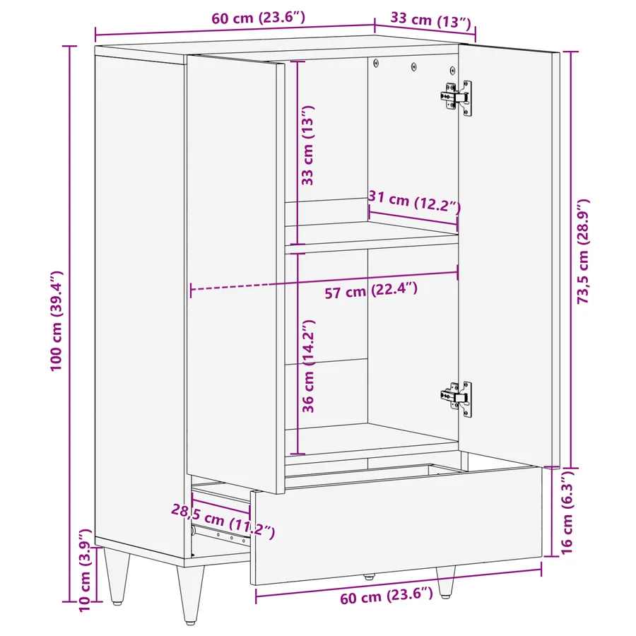 Haut Armoire Marron 60 x 33 x 100 cm Bois de mangue massif - 11