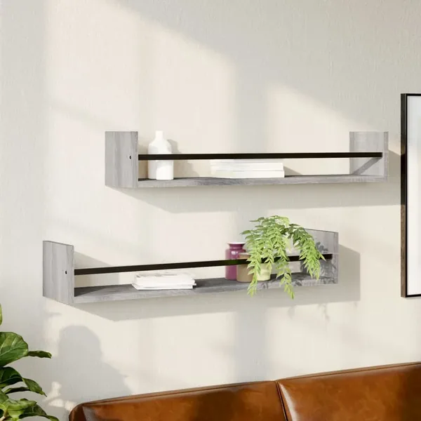 Étagères murales avec barres 2 pcs sonoma gris 80x16x14 cm