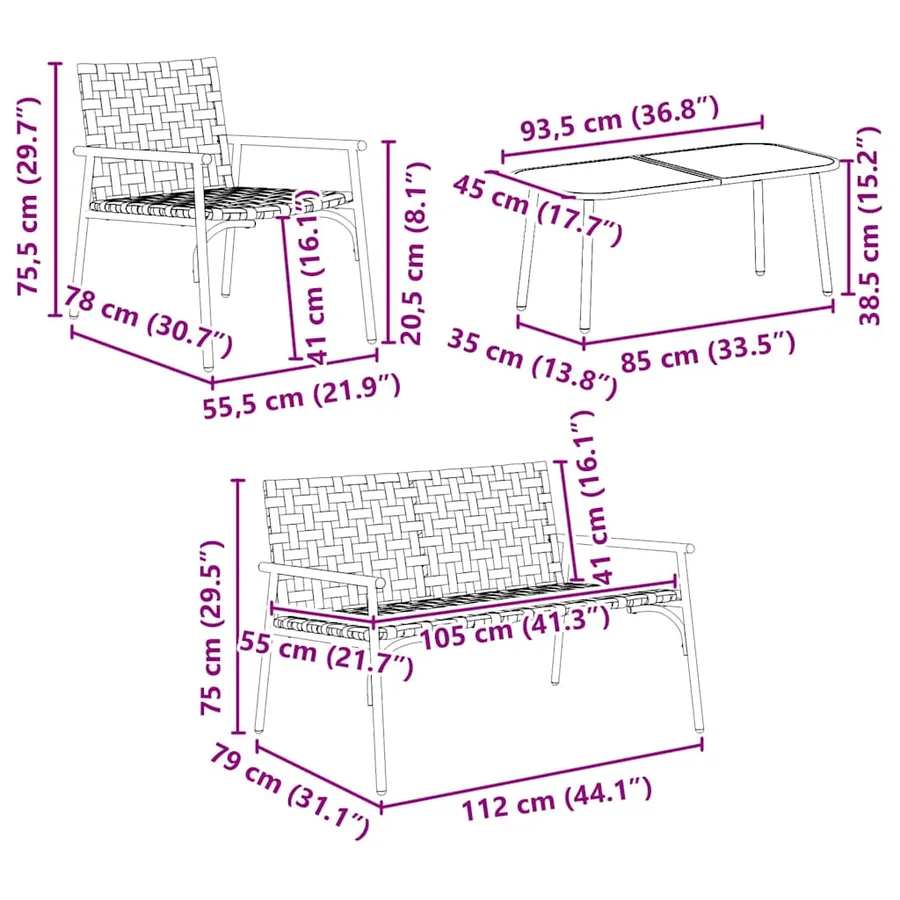 Ensemble de salle à manger pour jardin 4 pcs Marron polyrotin - 11