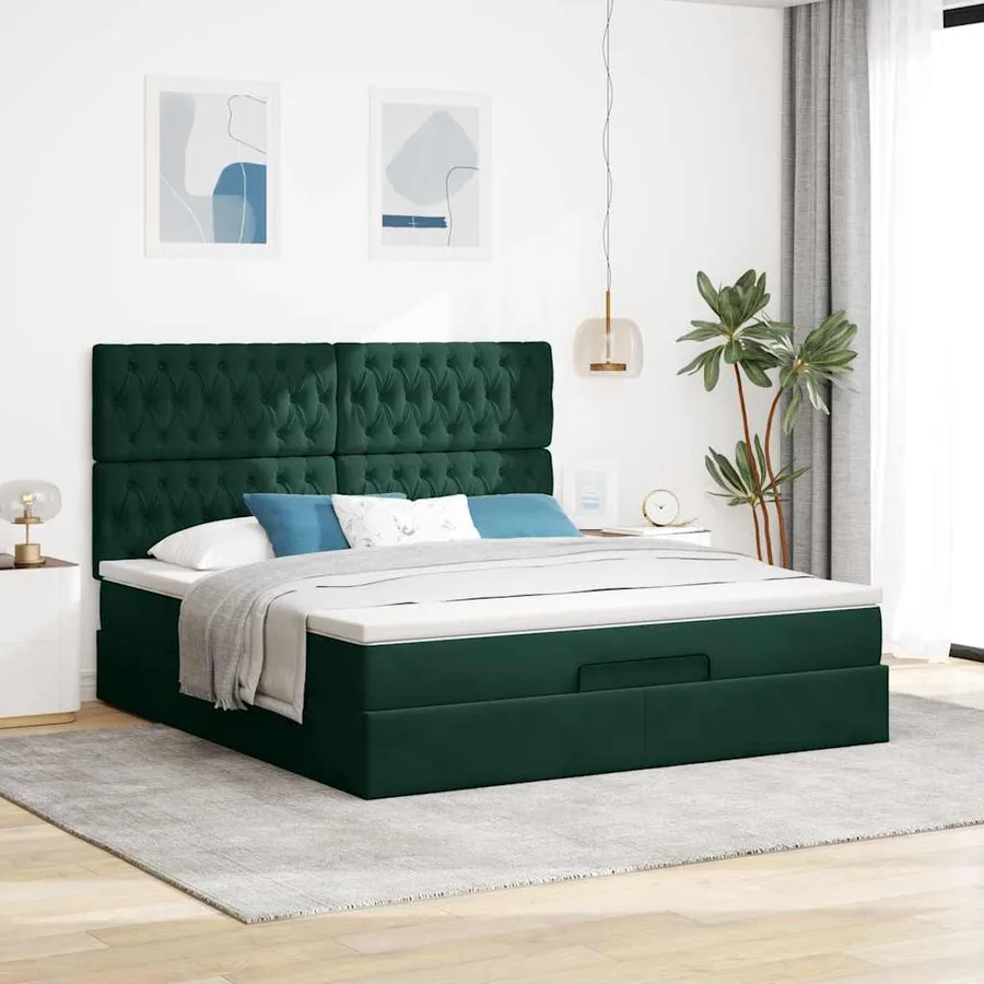 Cadre de lit ottoman avec matelas vert foncé 200x200 cm velours - 3