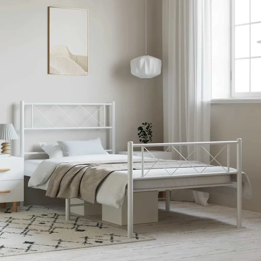 Cadre de lit métal sans matelas et pied de lit blanc 100x200 cm
