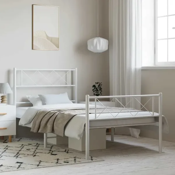 Cadre de lit métal sans matelas et pied de lit blanc 100x200 cm
