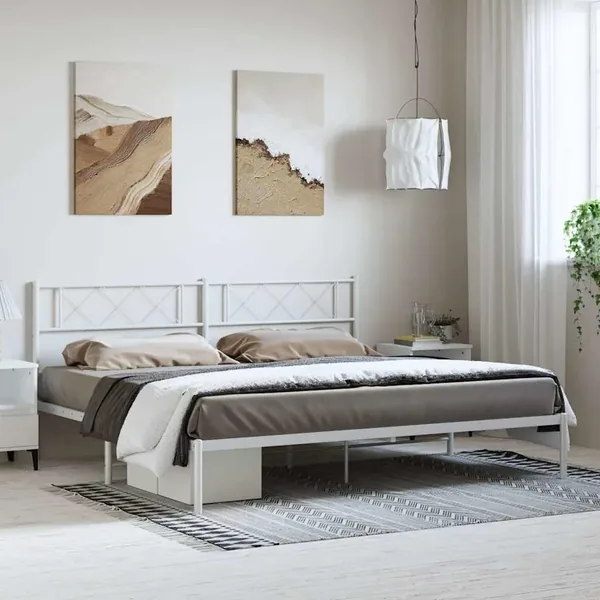 Cadre de lit métal sans matelas et tête de lit blanc 193x203 cm