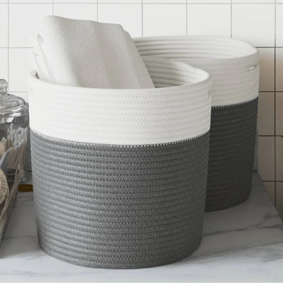 Paniers de rangement 2 pcs gris et blanc Ø28x28 cm coton