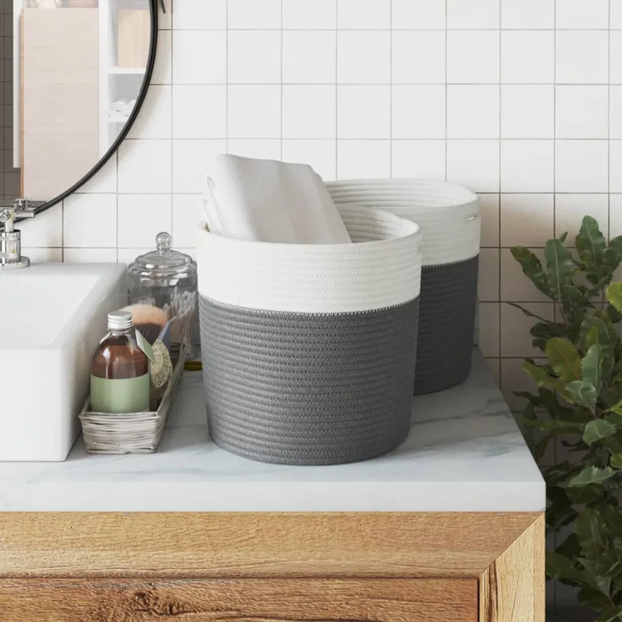 Paniers de rangement 2 pcs gris et blanc Ø28x28 cm coton - 3