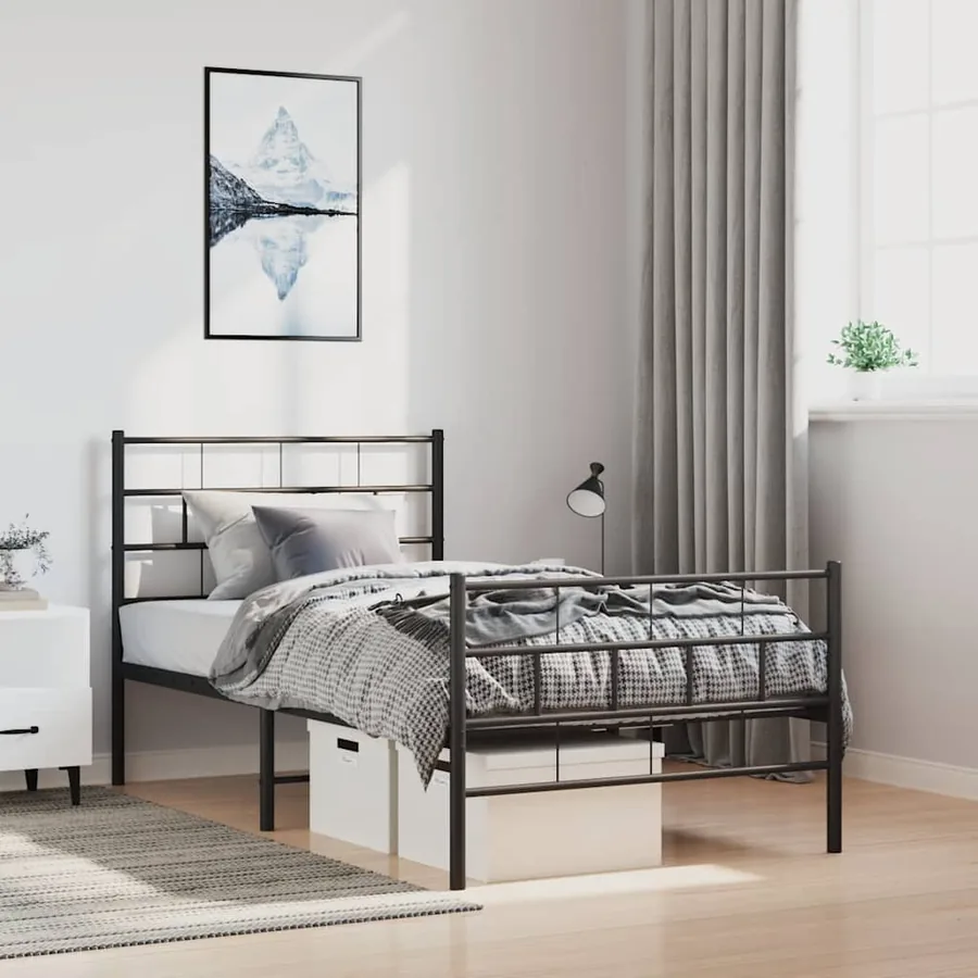 Cadre de lit métal sans matelas avec pied de lit noir 100x190cm