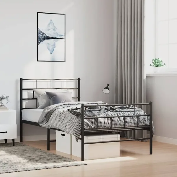 Cadre de lit métal sans matelas avec pied de lit noir 100x190cm