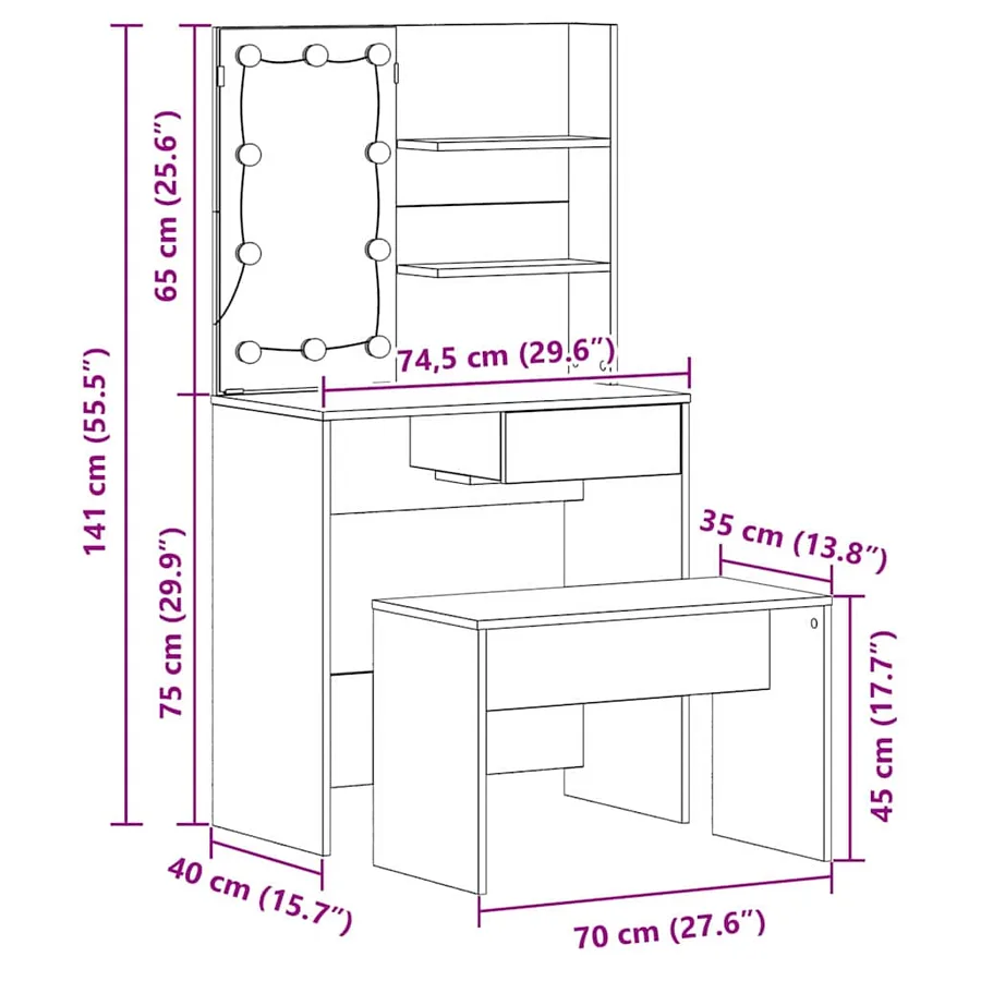 Ensemble de table de maquillage LED 2 pcs Chêne noir - 18