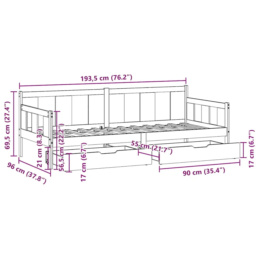 Lit de jour avec tiroirs sans matelas 90x190 cm bois massif - 12