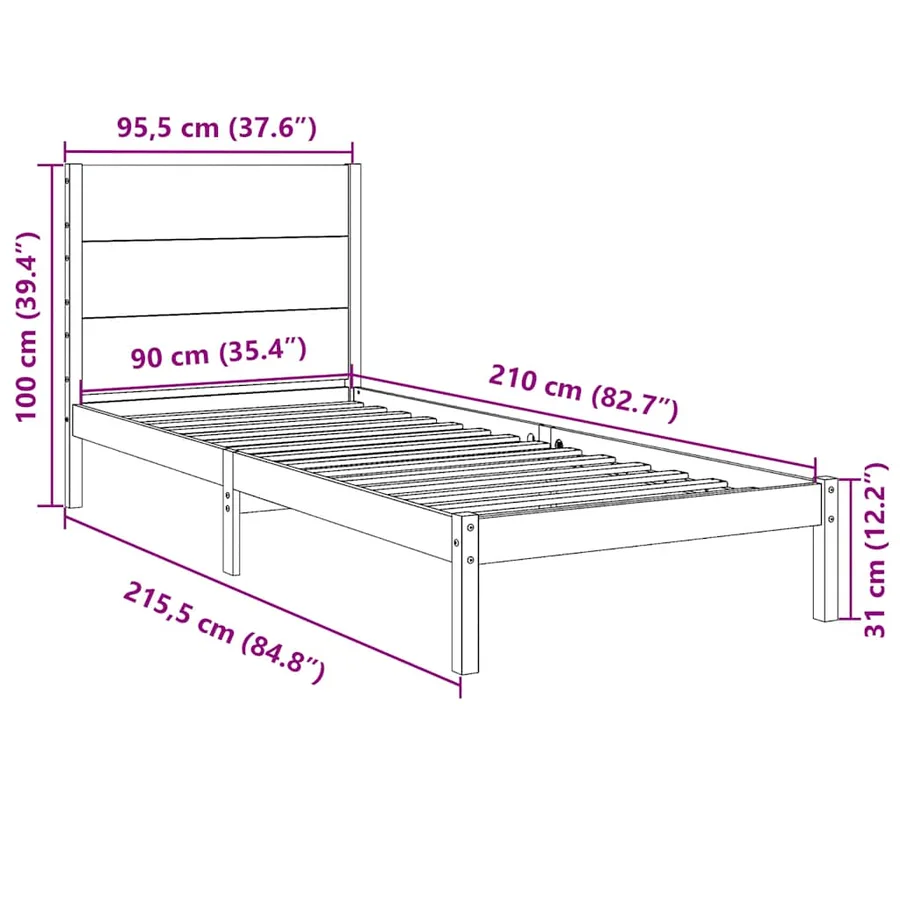 Cadre de lit extra long sans matelas 90x210 cm bois massif - 9