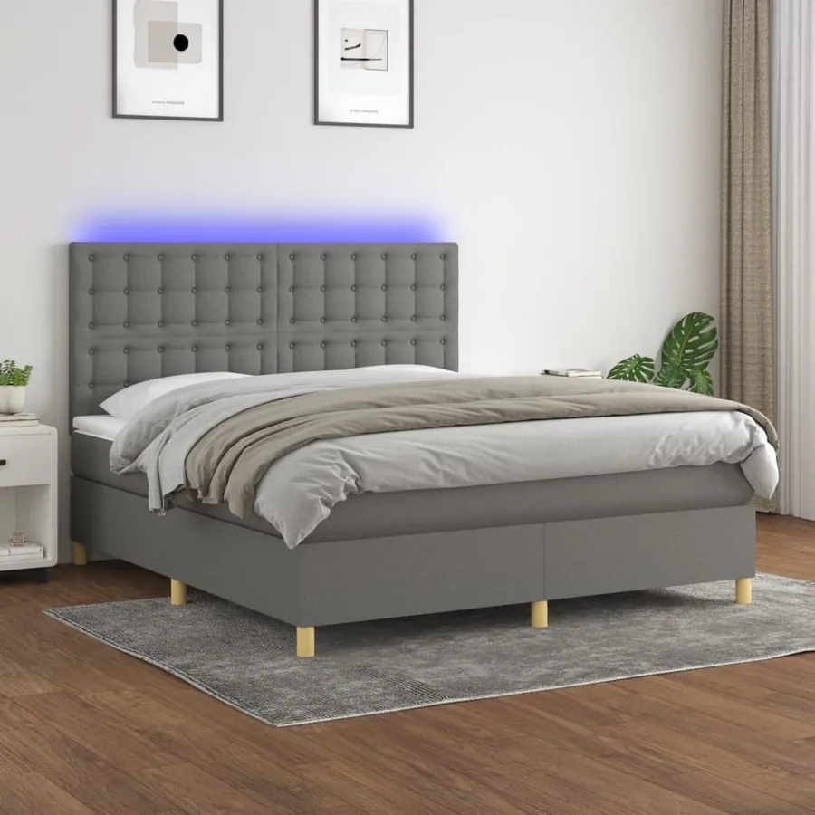 Sommier à lattes de lit et matelas et LED Gris foncé 160x200 cm