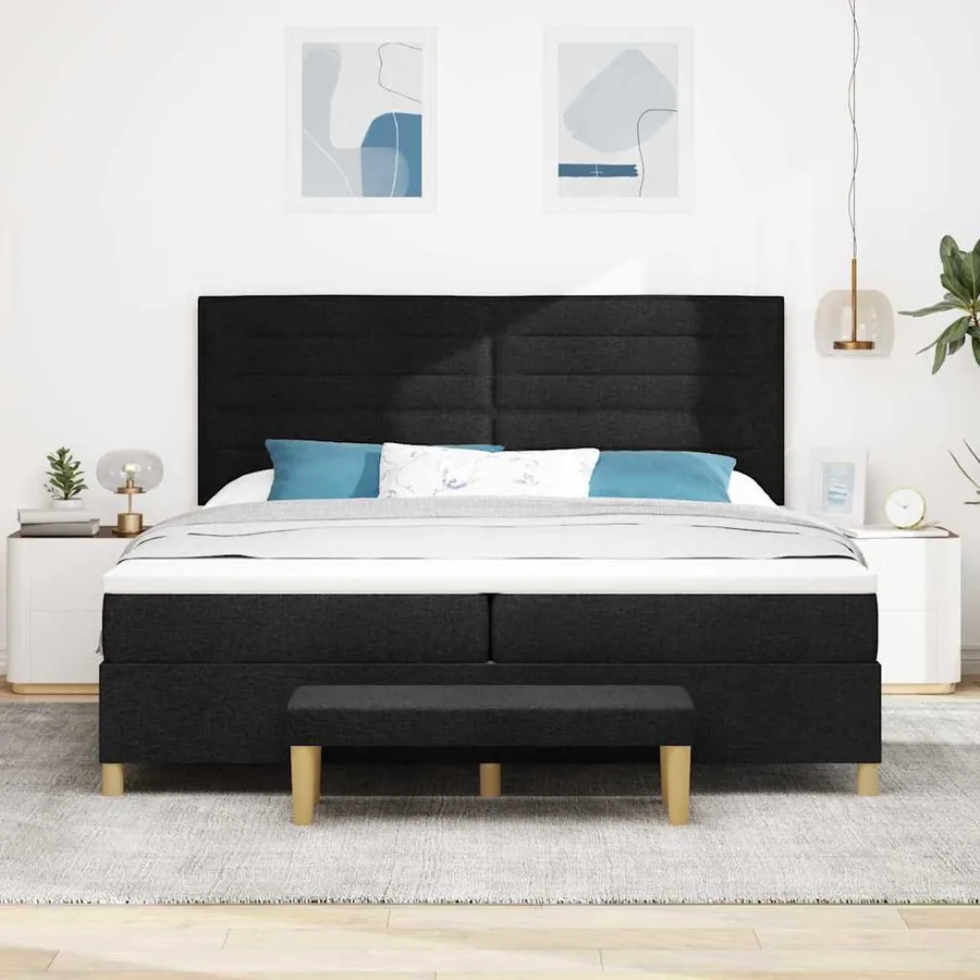 Lit à ressorts avec matelas Noir 200 x 200 cm tissu - 3