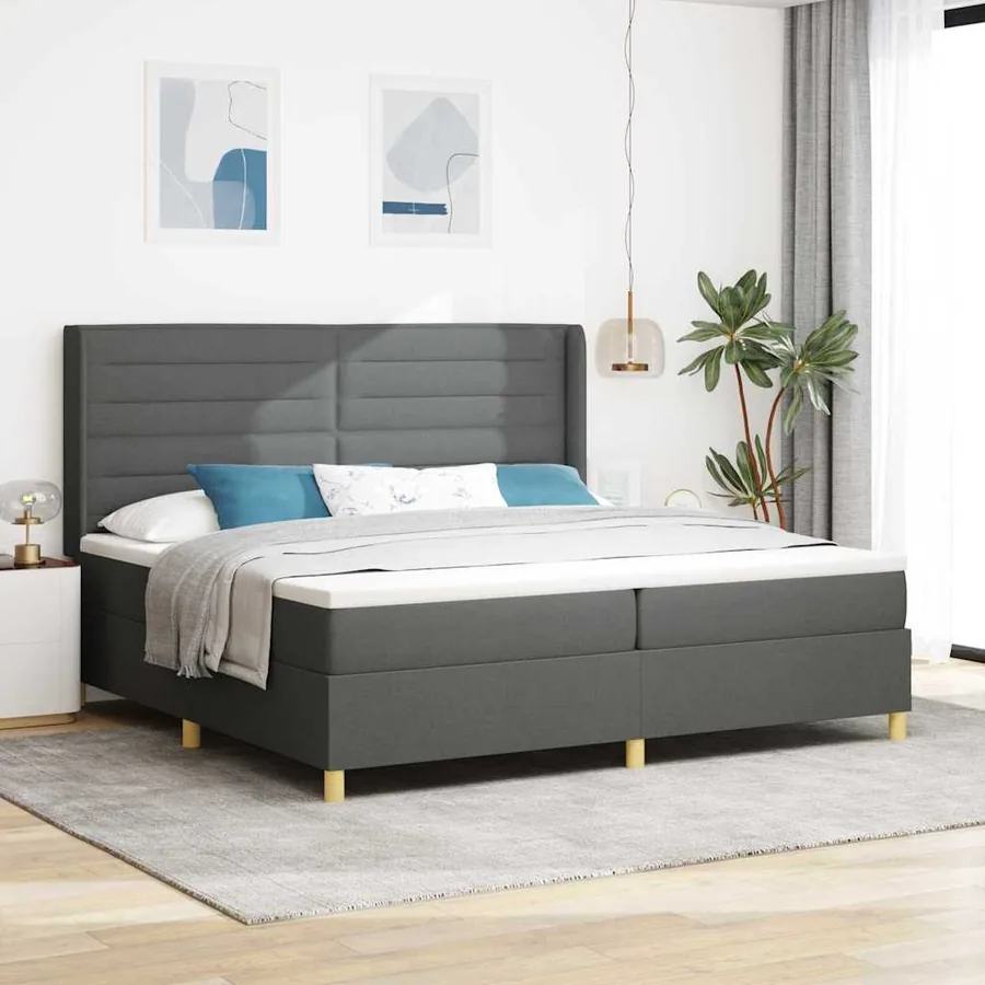 Lit à ressorts avec matelas avec LED Gris 200 x 200 cm tissu