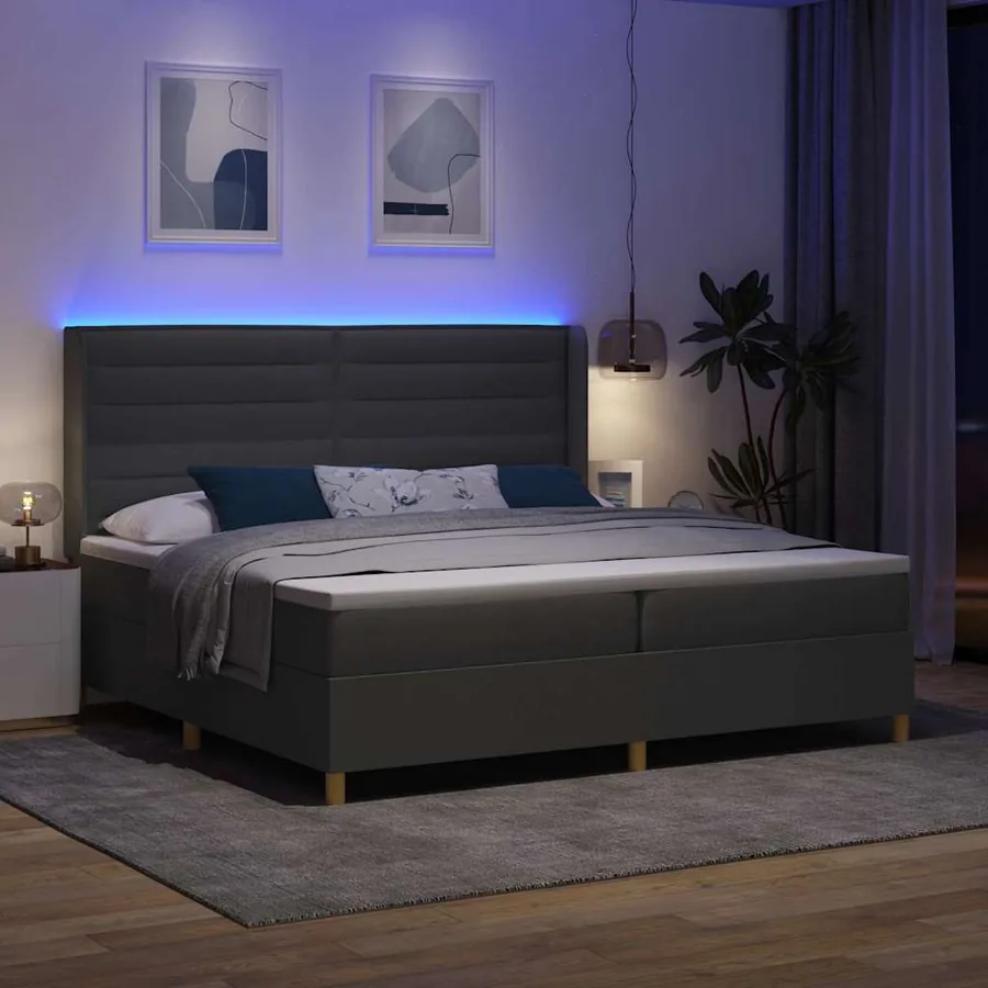 Lit à ressorts avec matelas avec LED Gris 200 x 200 cm tissu - 5