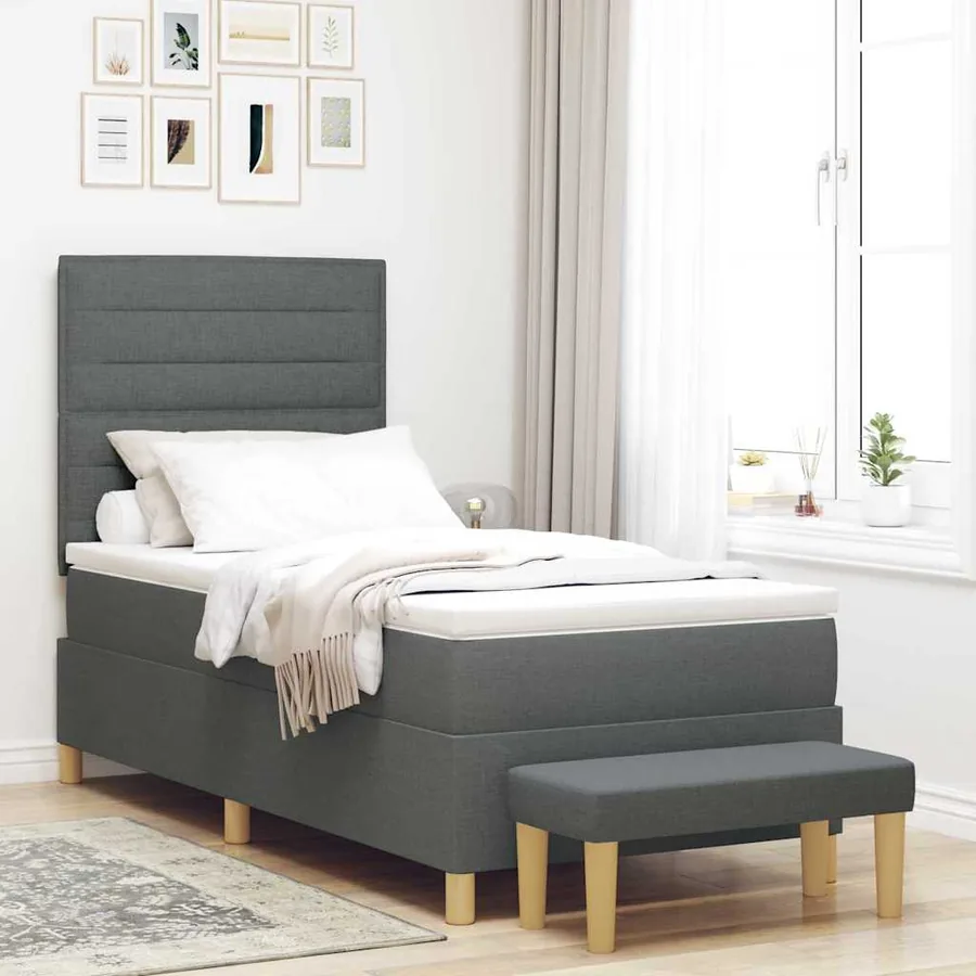 Lit à ressorts avec coussin Gris foncé 200 x 90 cm tissu