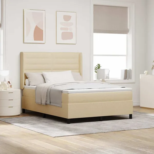 Lit à ressort LED avec matelas Crème 140 x 190 cm tissu