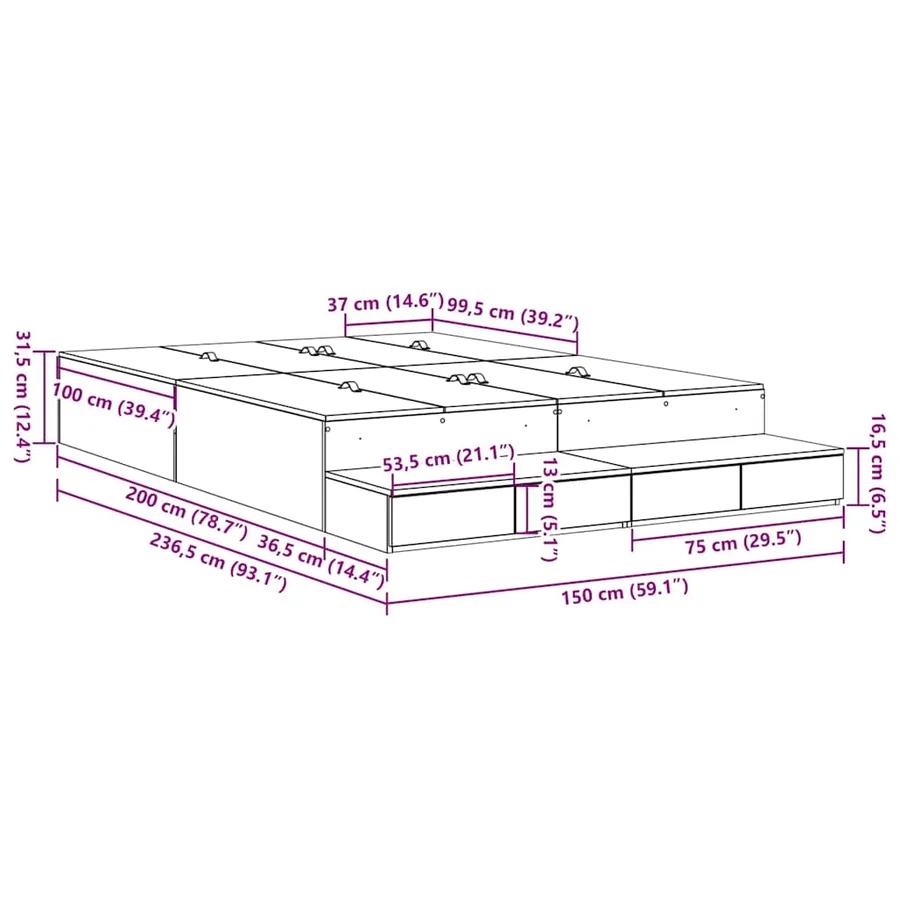 Cadre de lit avec rangement avec tiroir Gris Sonoma 150 cm - 12