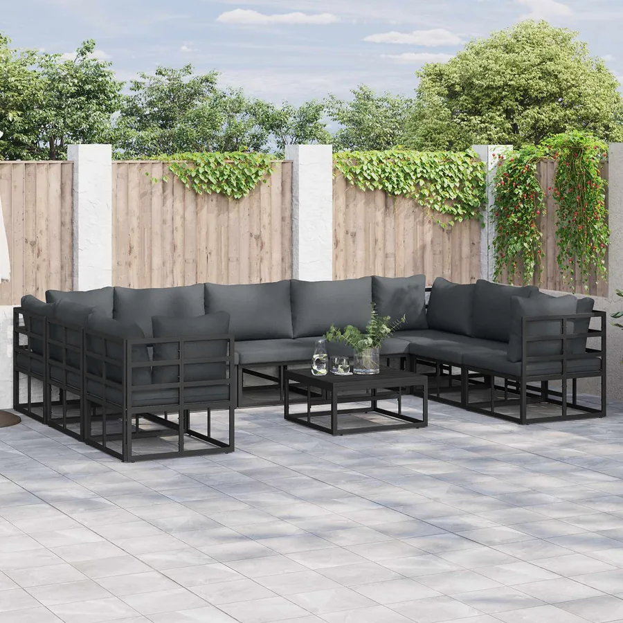Ensemble de canapé de jardin avec coussin 9 pcs Noir Aluminium