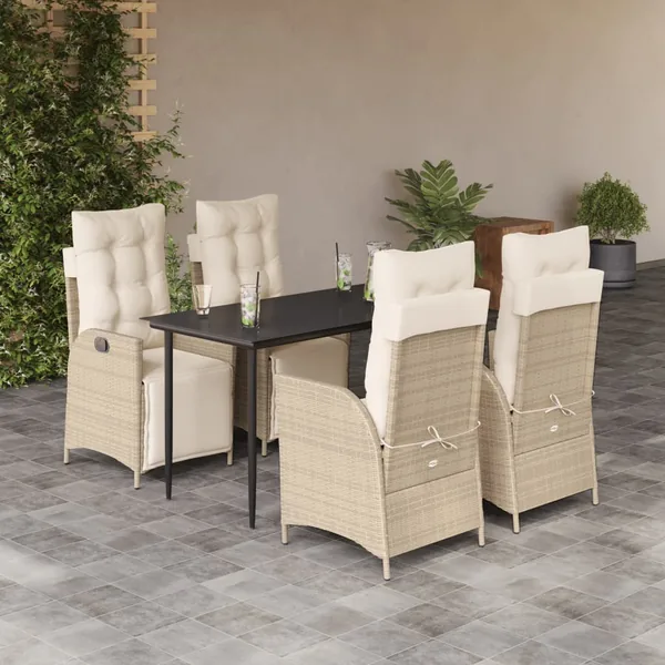 Ensemble à manger de jardin avec coussins 5pcs Beige poly rotin