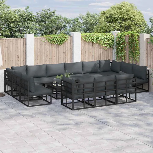 Ensemble de canapé de jardin avec coussin 14 pcs Noir Aluminium