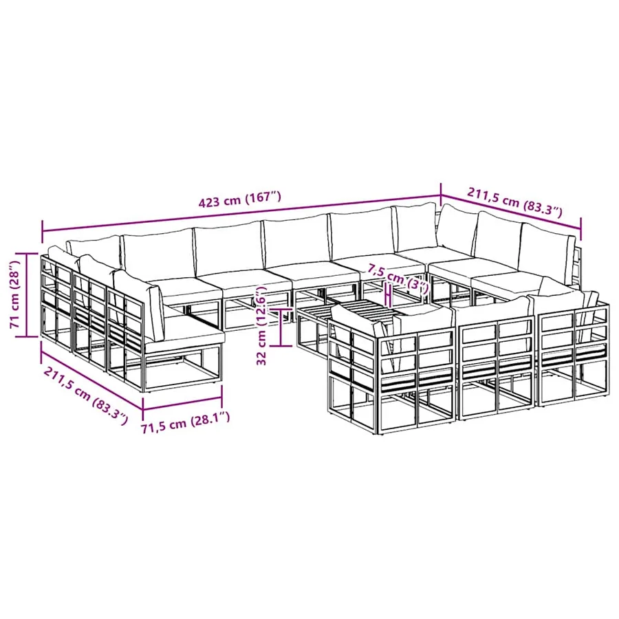Ensemble de canapé de jardin avec coussin 14 pcs Noir Aluminium - 14