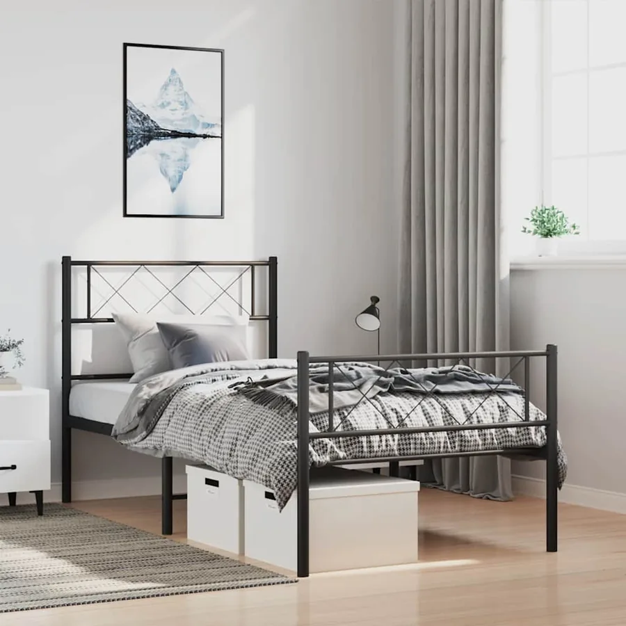 Cadre de lit métal sans matelas avec pied de lit noir 100x190cm