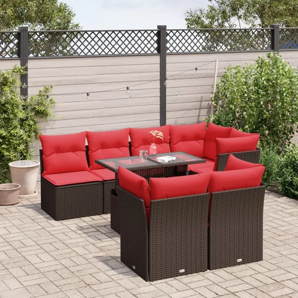 Ensemble de canapé de jardin 8 pcs avec coussins marron résine tressée