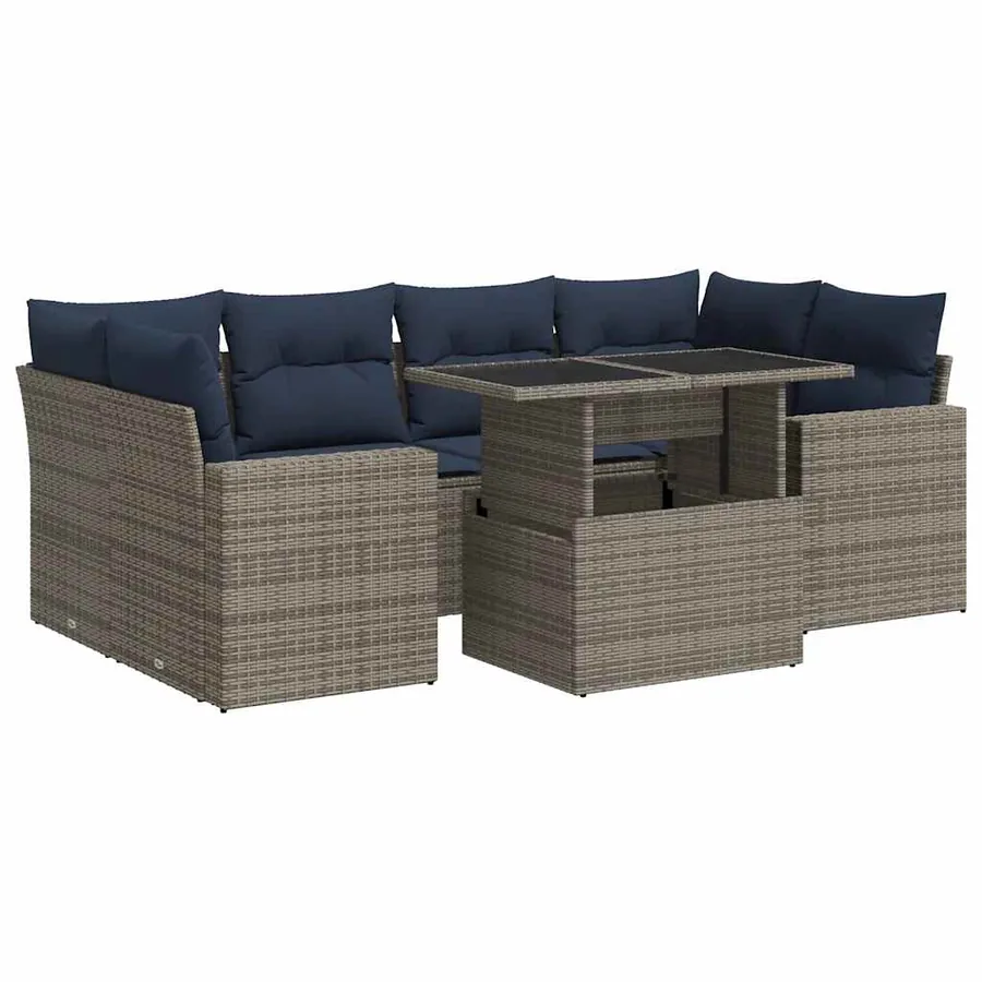 Salon de jardin avec coussins 7 pcs gris résine tressée acacia - 2