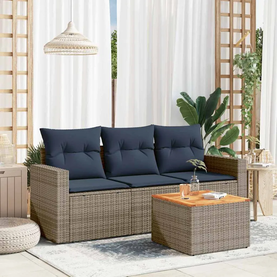 Salon de jardin 4 pcs avec coussins gris résine tressée