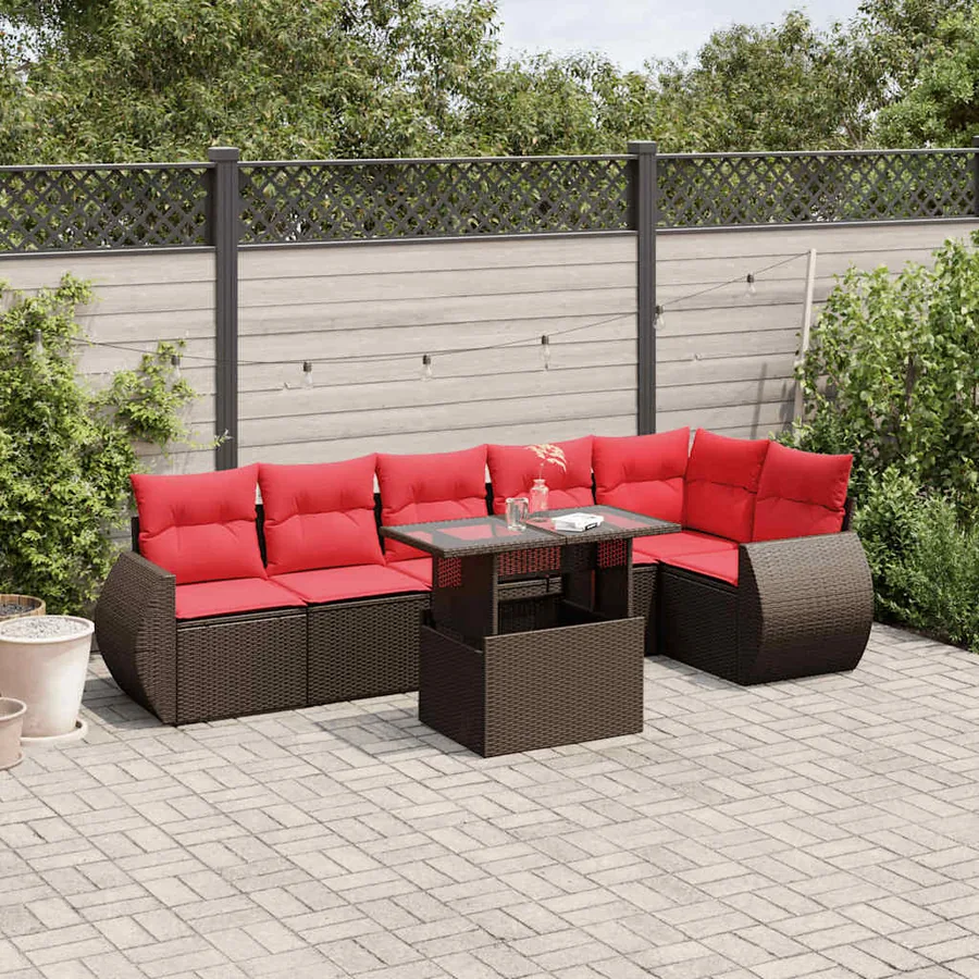 Ensemble de canapé de jardin 7 pcs avec coussins marron résine tressée