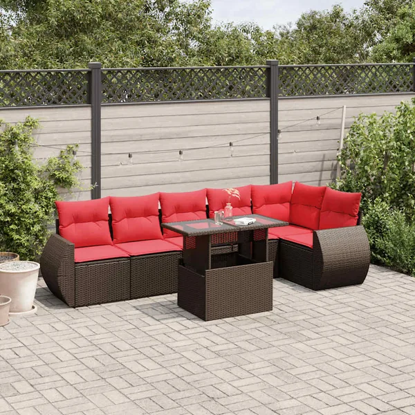 Ensemble de canapé de jardin 7 pcs avec coussins marron résine tressée
