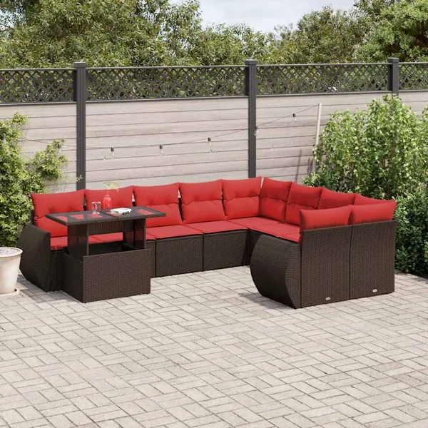 Ensemble de canapé de jardin 10 pcs avec coussins marron résine tressée