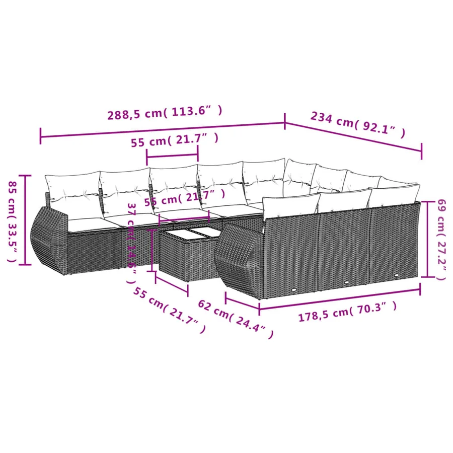 Ensemble de canapé de jardin 11 pcs avec coussins marron résine tressée - 8