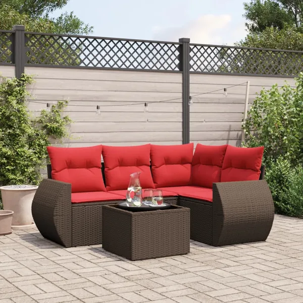 Ensemble de canapé de jardin 5 pcs avec coussins marron résine tressée
