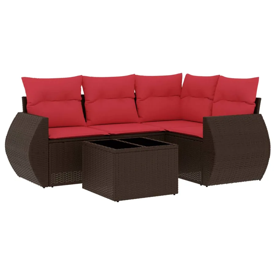 Ensemble de canapé de jardin 5 pcs avec coussins marron résine tressée - 2