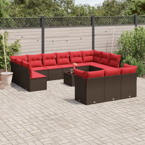 Ensemble de canapé de jardin 14 pcs avec coussins marron résine tressée