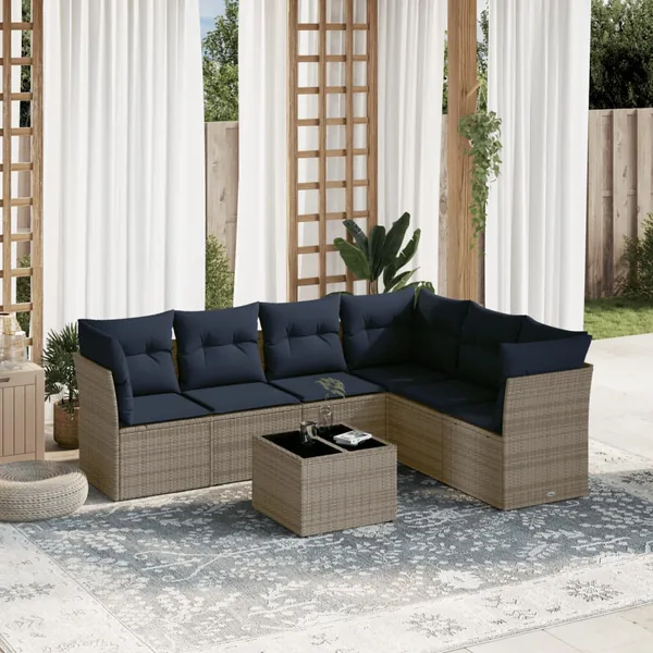 Ensemble de canapé de jardin 7 pcs avec coussins gris résine tressée