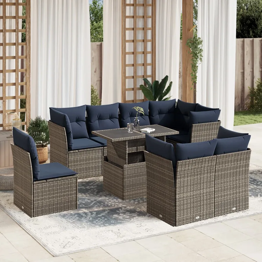 Ensemble de canapé de jardin 9 pcs avec coussins gris résine tressée