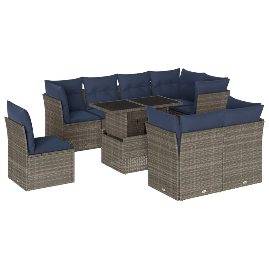 Ensemble de canapé de jardin 9 pcs avec coussins gris résine tressée - 2