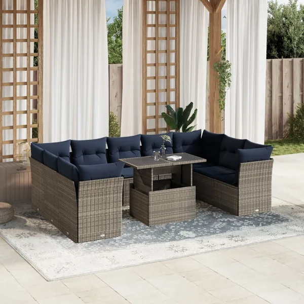 Ensemble de canapé de jardin 10 pcs avec coussins gris résine tressée