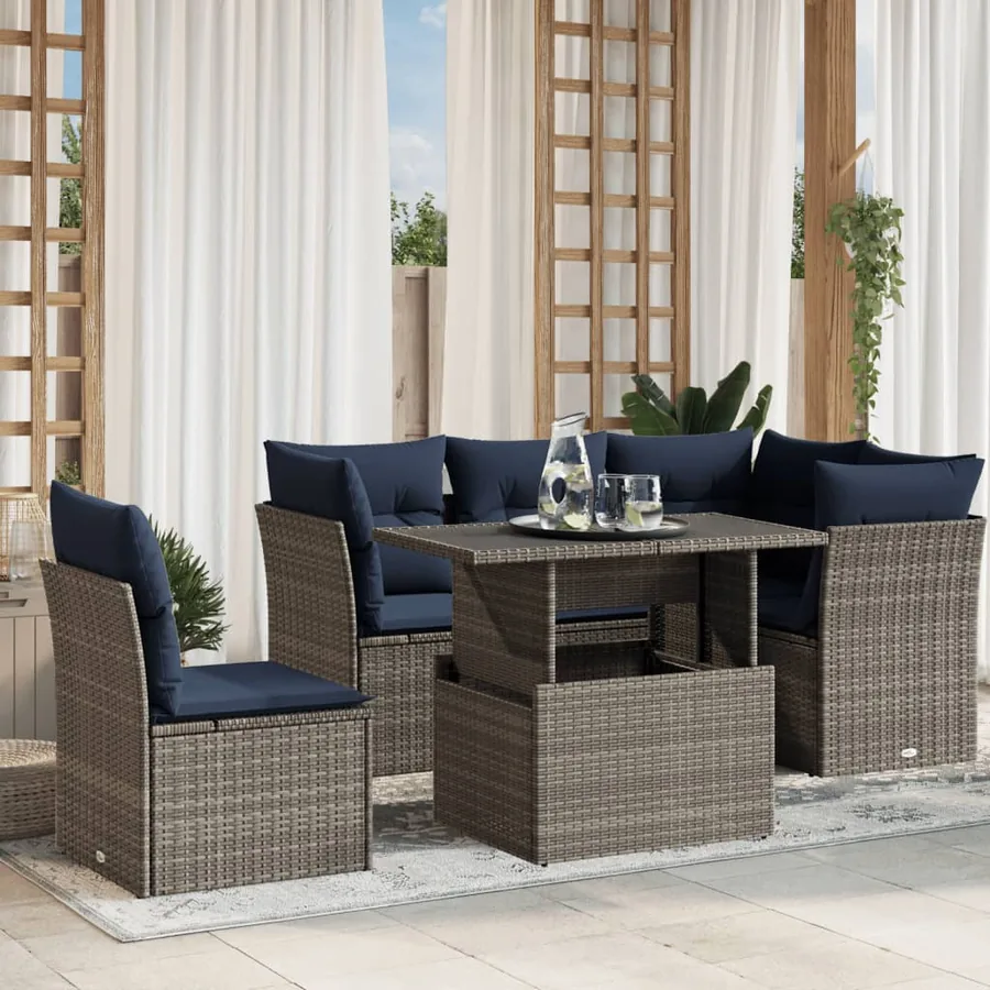Ensemble de canapé de jardin 6 pcs avec coussins gris résine tressée