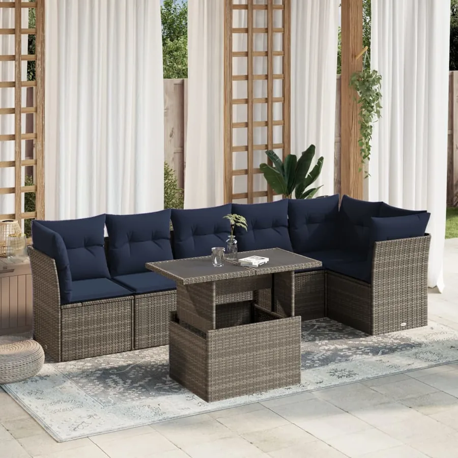 Ensemble de canapé de jardin 7 pcs avec coussins gris résine tressée