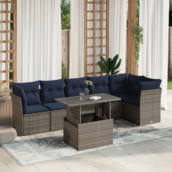 Ensemble de canapé de jardin 7 pcs avec coussins gris résine tressée