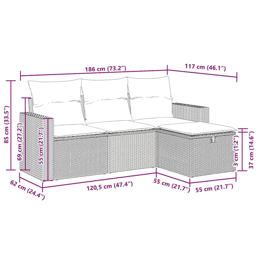Salon de jardin 4 pcs avec coussins gris résine tressée - 12