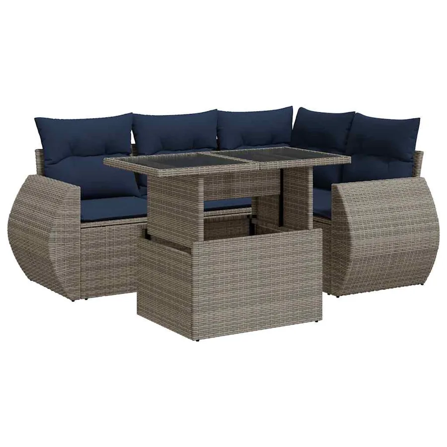 Salon de jardin 5 pcs avec coussins gris résine tressée acacia - 2